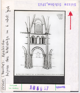 Vorschaubild Lessay: Ehemalige Abteikirche, Aufriss des Mittelschiffs im 6. nördlichen Joch, Skizze Wolfgang Schöne 1963 